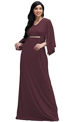 koh koh Petite Womens Long V-Neck Half Batwing Dolman Sleeve Evening Cocktail Flowy Empire Waist Bridesmaid Formal Kaftan Wedding Guest Gown Gowns Maxi Dress Dresses, Maroon Wine Red S 4-6