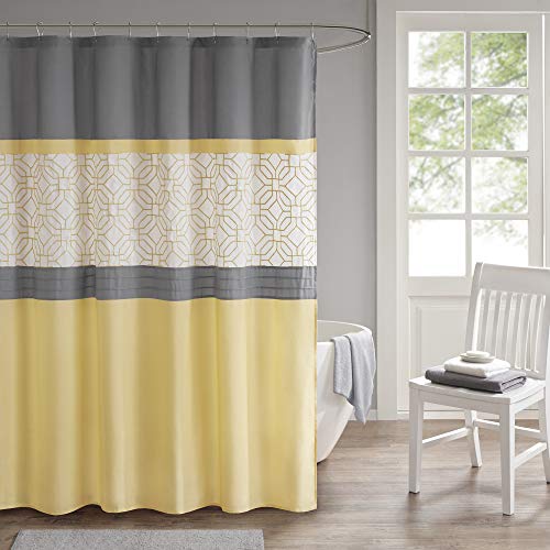 510 Design Donnell Embroidered and Pieced Geometric Modern Oriental Bathroom Shower Curtain with Liner, 72X72 Inches, Yellow/Gray