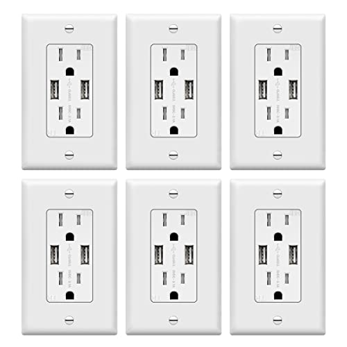 TOPGREENER 3.6A USB Wall Outlet Charger(Upgraded), 15A Tamper-Resistant Receptacles, Compatible with iPhone SE/11/XS/XR/X/8, Samsung Galaxy S20/S10/S9/Note & More, UL Listed, TU2153A, White 6 Pack