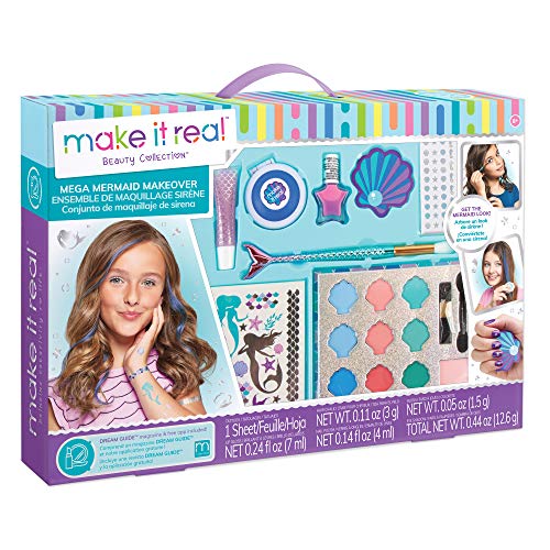 Make It Real - Mega Mermaid Makeover. Mermaid Themed Girls Makeup Kit. Starter Cosmetic Set for Kids and Tweens. Includes Case, Mirror, Eye Shadow, Blush, Mermaid Brushes, Lip Gloss, Nail Polish