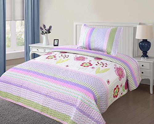 Golden Linens Twin Size (1 Quilt, 1 Sham) Light Purple Pink Stripe Floral Kids Teens/Girls Quilt Bedspread 07-16 Girls