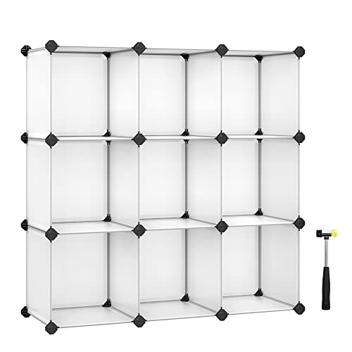 SONGMICS Cube Organizer, 9-Cube Book Shelf, DIY Plastic Closet Cabinet, Modular Bookcase, Storage Shelving for Living Room, Office, 36.6 x 12.2 x 48.4 Inches, White