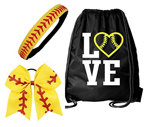 Kenz Laurenz Softball Gifts – Leder gesäumtes Stirnband, Softball Kordelzug Tasche, Softball Haarschleife (Softball Set Tasche Stirnband Schleife)
