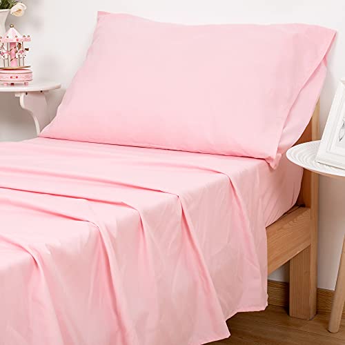 TILLYOU 3-Piece Softer Microfiber Toddler Sheet Set For Girls (Lt Pink, Fitted Sheet, Top Flat Sheet and Envelope Pillowcase) - Silky Soft Crib Sheets Toddler Bed Set - Baby Bedding Sheet & Pillowcase