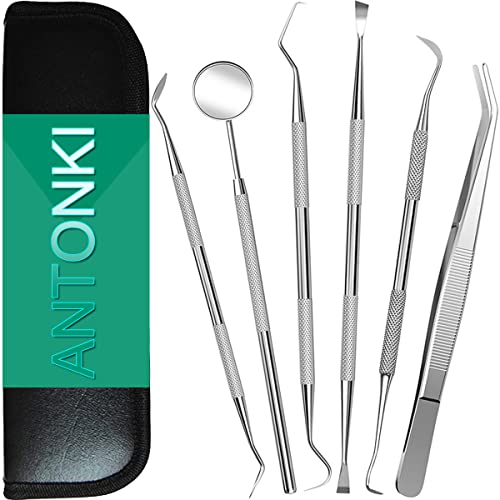 Antonki 6 Pcs Dental Tools, Teeth Cleaning Tools, Dental Hygiene Kit, Dentist Picks Professional Stainless Steel Dentist Tools Plaque Remover Tartar Scraper - with Case