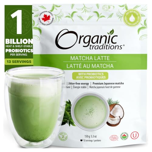 Organic Traditions Matcha Latte Green Tea Powder, Made in Canada Premium Authentic Japanese Matcha Powder Matcha Tea with Coconut Milk Powder, L-Theanine and Caffeine 150g/5.3oz Bag