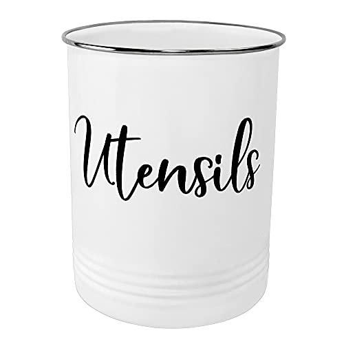 Home Acre Designs Kitchen Utensil Holder Utensil Crocks Countertop Organizer Vintage Farmhouse Kitchen Decor Caddy for Utensils, Utensil Holder Stainless Steel Rim White