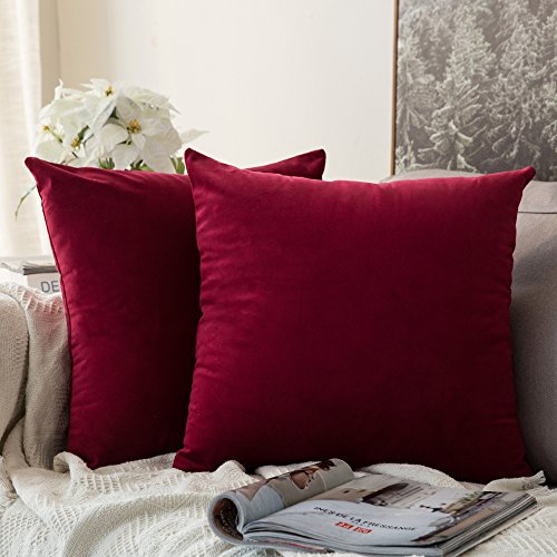 MIULEE Pack of 2 Christmas Velvet Pillow Covers Decorative Square Pillowcase Soft Solid Cushion Case for Sofa Bedroom Car 20 x 20 Inch Wine Red