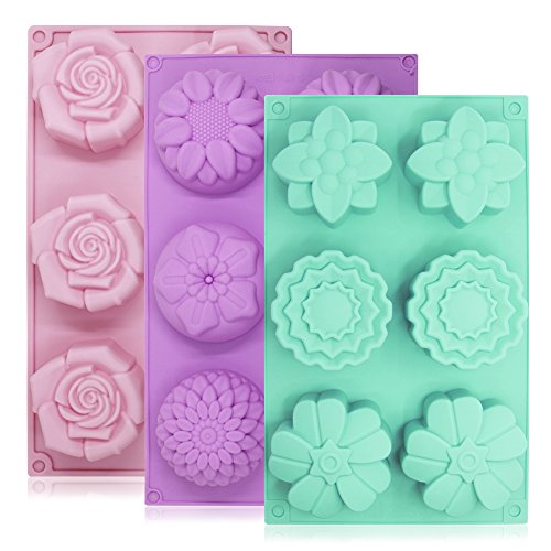 Lot de 3 moules à gâteaux Senhai en silicone - 6 fleurs par moule - Pour fabrication de glaçons, chocolats et décorations pour gâteau - Coloris : violet, vert et rose