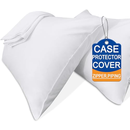White Pillow Cases Standard Size-100% Cotton Pillowcase Covers with Zipper Hidden, Wrinkle, Fade & Stain Resistant/Pillow Covers for Easy Care, Set of 2
