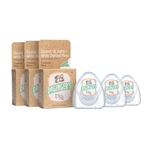 Dr. GingerS All-Natural Coconut Oil Charcoal Dental Floss | Powerful Combination Of Organic Coconut Oil, Xylitol Deep Cleaning White Charcoal | Great Taste, No Harmful Chemicals | 3 Pack