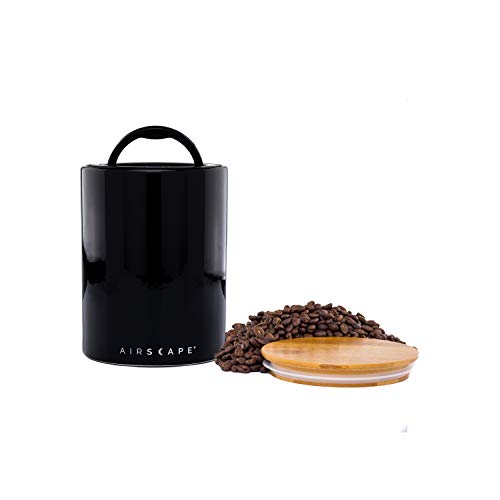 Airscape Ceramic Coffee and Food Storage Canister - Patented Airtight Inner Lid Releases CO2 and Preserves Food Freshness - Glazed Ceramic with Bamboo Top (Obsidian, Medium)