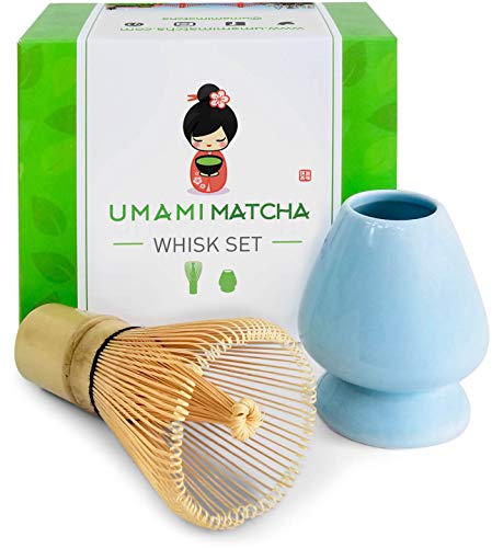 Umami Matcha Whisk Set | Matcha Bamboo Whisk (Chasen) & Blue Ceramic Matcha Whisk Holder | 100 Tine Matcha Tea Wisk & Stand | Ceremonial Matcha Tea Set | Starter Matcha Kit For Japanese Tea Ceremony