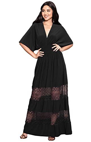 koh koh Petite Womens Long Sexy Summer Spring V-Neck Half Short Kimono Sleeve Sundress Lace Flowy Casual Empire Waist Boho Bohemian Tall Beach Elegant Maxi Dress Gown, Black S 4-6