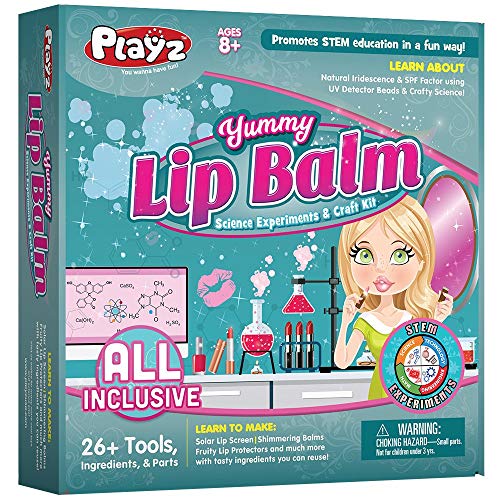 Playz Yummy Lip Balm Science Experiments Arts&Craft Kit-26+Tools To Make Fruity Lipstick,Shimmering Balms,&Solar Lip Screens W/Tasty Ingredients For Girls,Boys,Teenagers&Kids Ages 8+- Multi Color