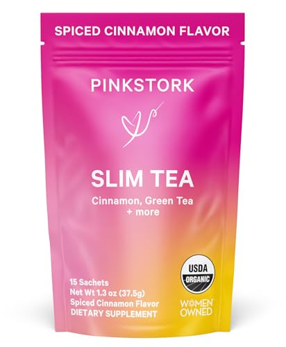 Pink Stork Organic Slim Tea - Dandelion Root, Green Tea, Ginger and Hibiscus for Detox, Bloating Relief, Metabolism Support, and Energy - Approximately 35 mg Caffeine - 15 Sachets