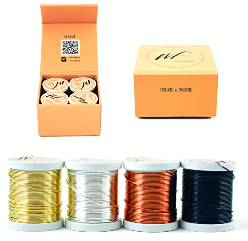 20 Gauge Tarnish Resistant Silver-Plated Copper and Copper Wire Set of 4 spools (24 Yards/ 72 Feets) for Wrapping Jewelry Making Beading Floral Artistic Craft Coil Wire kit (WF Color Set 1, 0.80 mm)