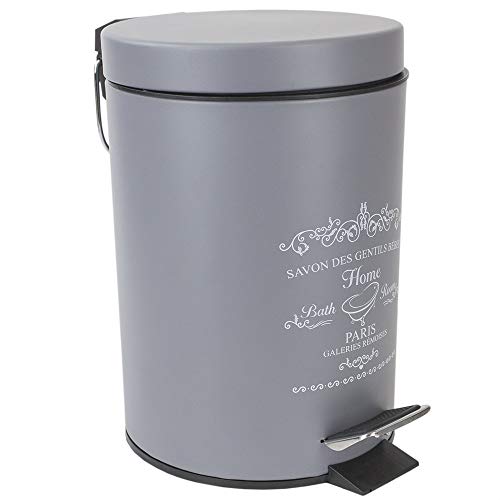 Mini Paris Themed Print Grey Round Step Trash Can by Home Basics | 3 Liter Compact Garbage Bin with Removable Liner Bucket and Handle for Bathroom, Office, or Powder Room