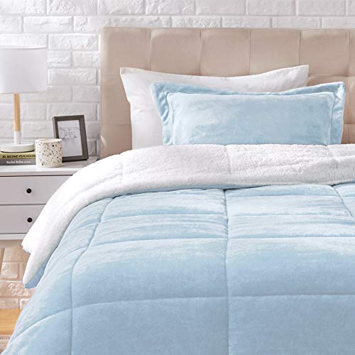 Amazon Basics Ultra-Soft Micromink Sherpa Comforter 2 Piece Bed Set, Twin, Smoke Blue, Solid