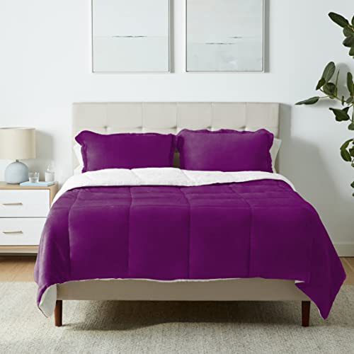 Amazon Basics Ultra-Soft Micromink Sherpa Comforter 3-Piece Bedding Set, Full/Queen, Plum, Solid