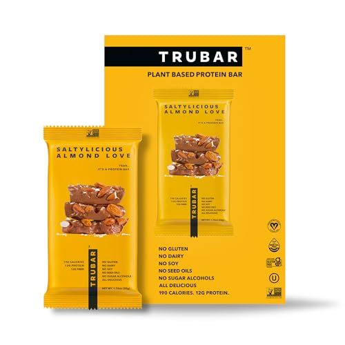 TRUBAR Vegan Protein Bar, Saltylicious Almond Love, Gluten Free, Plant Based, High Fiber, Dairy Free, Low Fat, Non GMO, No Sugar Alcohols, 12G Lean Protein, 13G Fiber, Healthy Snack Bars, 12 CT