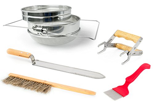 VIVO Honey Harvesting Beekeeping Starter Tool Kit, Set of 5, Double Sieve Honey Strainer, Frame Holder, Brush, Uncapping Knife, Uncapping Fork (BEE-KIT4)