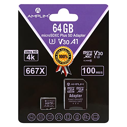 Amplim Micro SD Card Plus Adaptateur (Classe 10 UHS-I microSDXC Extreme Pro mémoire) 64 Go Ultra High Speed 600 x 90 Mo/s UHS-1 microSD SDXC Lot téléphone portable tablette Flash (64G Performance TF G5) MicroSD Purple 64GB