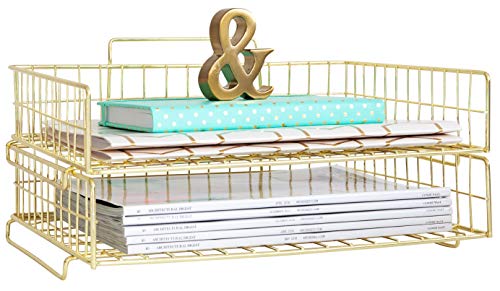 Blu Monaco Gold Desk Organizer Stackable Paper Tray Set of 2 - Metal Wire Two Tier Tray - Stackable Letter Tray - Inbox Tray for Desk