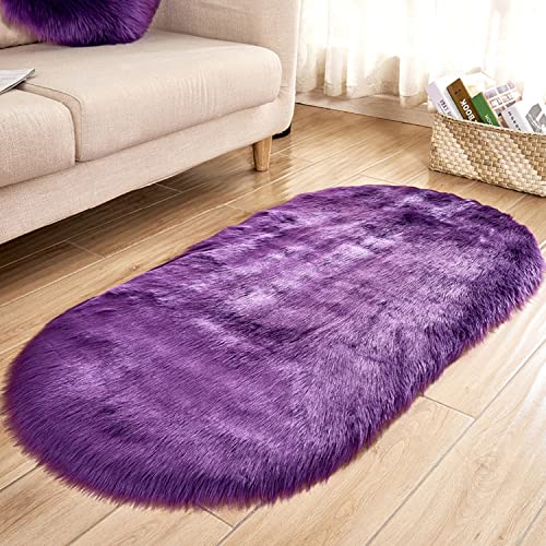 Long Faux Fur Artificial Skin Rectangle Fluffy Chair Seat Sofa Cover Carpet Mat Oval Shaggy Area Rug Living Bedroom Home Decoration (2ft x 3ft, Purple)