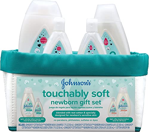Johnson’s Touchably Soft Newborn Baby Gift Set For New Parents, Baby Bath & Skincare Essentials for Sensitive Skin (5 items)