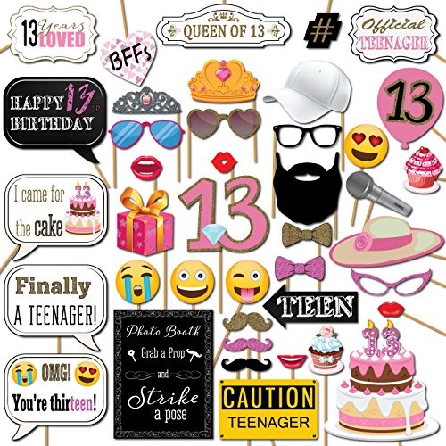 13th Birthday Photo Booth Props Party Kit 41 Pieces with Wooden Sticks and Strike a Pose Sign by Outside The Booth