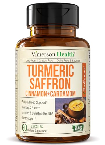 Saffron Supplements - Turmeric Curcumin Supplement with Black Pepper, Saffron Extract, Cardamom and Cinnamon Pills for Mood, Memory, Eye Health. Joint Supplements for Women & Men. 60 Tumeric Capsules