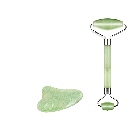 Truweo Jade Roller & Gua Sha Scraping Massage Tool – Himalaya-Anti-Aging-100% natürlicher Jade Stein Set – Gesicht Augen Hals Beauty Roller für Abnehmen & Straffung – verjüngt die Haut und entfernt Falten