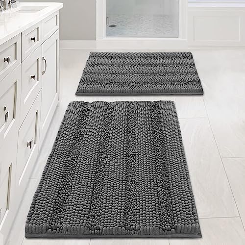 Grey Bath Mats for Bathroom Non Slip Ultra Thick and Soft Chenille Plush Striped Floor Mats Bath Rugs Set, Microfiber Door Mats for Kitchen/Living Room (Pack 2-20" x 32"/17" x 24")