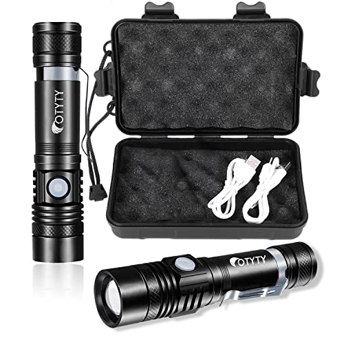 OTYTY USB Rechargeable LED Flashlight, Super Bright High Powered 1000 Lumen Tactical Flashlights Torch with 3 Modes, Pocket Clip, 18650 Battery and USB Cable For Camping Hiking (2 Pack)