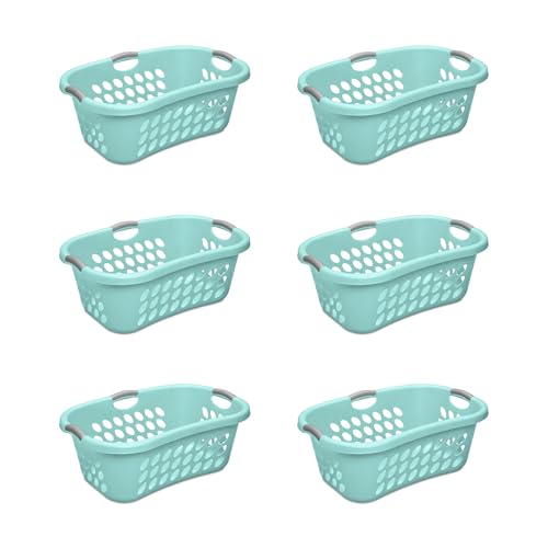Sterilite 6 Pack Plastic Laundry Basket Hamper, 1.25 Bushel, Ultra HipHold, Aqua Chrome
