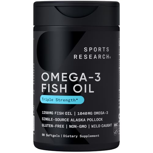 Sports Research Triple Strength Omega 3 Fish Oil - Burpless Fish Oil Supplement w/EPA & DHA Fatty Acids from Wild Alaskan Pollock - Heart, Brain & Immune Support for Men & Women - 1250 mg, 90 ct