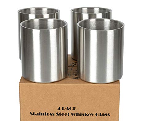 JILLMO Whiskey Glass Set of 4 Stainless Steel Lowball Glasses - 10 oz Insulated Shatterproof Outdoor Bourbon Glass - Ideal Gift for Family, Friends and Whisky Lovers