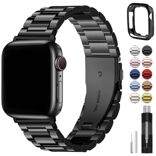 Fullmosa Compatible Apple Watch Bands 45mm 44mm 42mm 46mm 49mm 41mm 40mm 38mm, Metal iWatch Band with Case for Apple Watch Series 9 8 7 6 5 4 3 2 1 SE 10 Ultra, 42mm 44mm 45mm Black