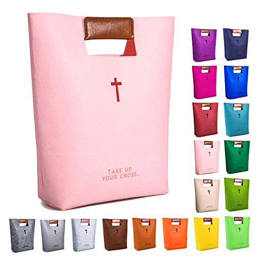 AGAPASS Bible Covers, Church Tote for Sunday's Supply, Christian Bible Tote Bag for Women Girls Carved Cross Holy Bible Bag,Felt Tote Church Bible Study Case,Christian Gifts for Week Deals,Pink