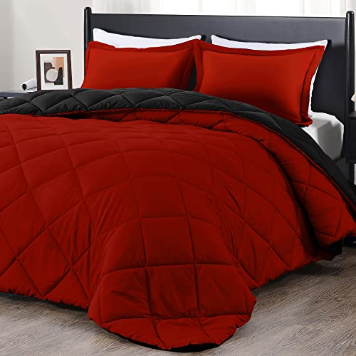 downluxe Lightweight Solid Comforter Set (Twin) with 1 Pillow Sham - 2-Piece Set - Red and Black - Down Alternative Reversible Comforter