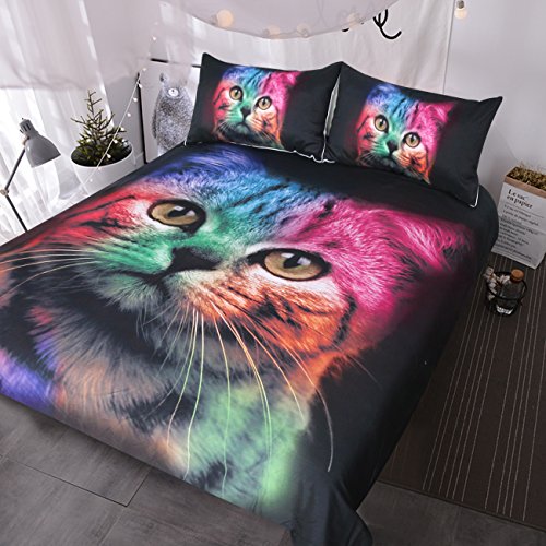 Blessliving Cat Bedding for Girls Boys Cute Colorful Cat Pattern Bedspread 3 Piece Bold Color Black Animal Duvet Cover Set (Twin)