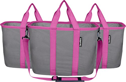 CleverMade EcoBasket Reusable Grocery Tote Bags with Shoulder Strap - Collapsible 20L Shopping Baskets, Charcoal/Fuchsia, 3 Pack