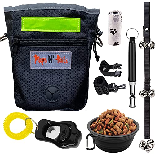 PupsNTails Dog Training Kit - Puppy and Dog Training Treat Pouch,Adjustable Training Clicker,House Training Doorbells,Collapsible Dog Bowl,Whistle-Tools for Small to Large Dogs