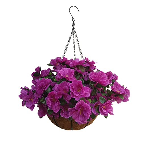 Mynse Artificial Flower Hanging Basket for Home Market Outdoor Decoration Hanging Silk Flowers Basket with Artificial Azalea Flowers Purple (Big Basket)