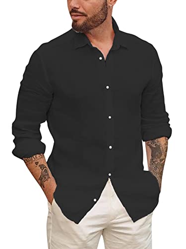 Mens Button Up Shirts Long Sleeve Linen Beach Casual Cotton Summer Lightweight Tops