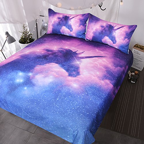 BlessLiving Galaxy Unicorn Parure de lit Enfant Fille psychédélique Espace Housse de Couette 3 pièces Rose Violet Paillette Licorne Couvre-lit, Coton, Entier