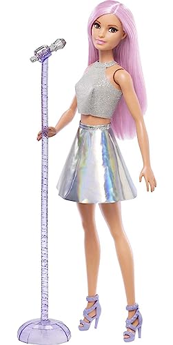 Barbie Careers Fashion Doll & Accessory, Pop Star with Pink Hair & Brown Eyes Wearing Iridescent Skirt with Microphone