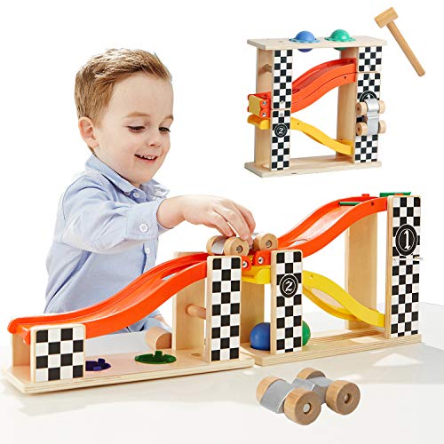 TOP BRIGHT Toddler Wooden Toys for 1 2 Year Old Boy Gifts Car Ramp Racer, Hammer Ball Pound and roll Tower Toy for 18 Month and up