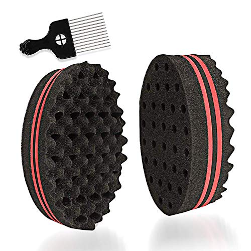 Hair Sponge Brush KissDate Set of 2 Double Sides Small Holes(8mm Hole) Afro Curl Coil Wave Hair Sponge Brush with 6.69 Inch Metal Styling Comb